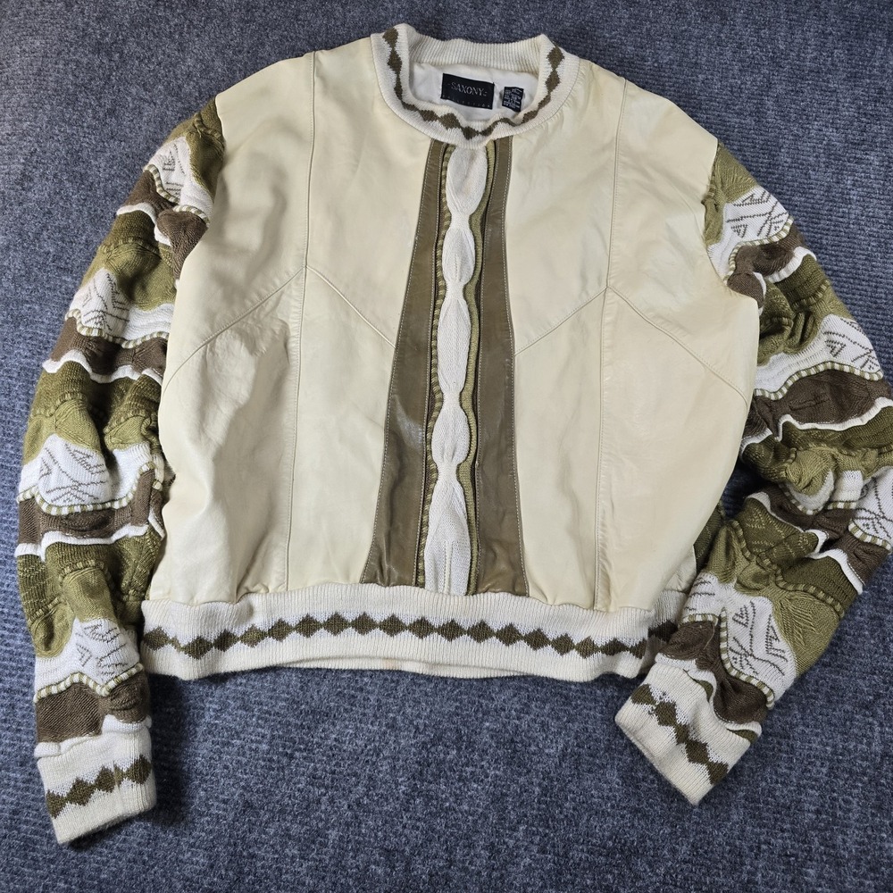 Vintage‎ Saxony Collection Sweater Leather Suede Linen 90s COOGI Style 3D  3XB